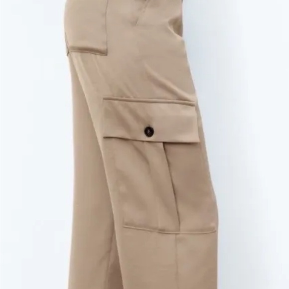 NWT Zara LARGE Satin Effect High Waisted Cargo Pants Sand Light Brown - Picture 6 of 15